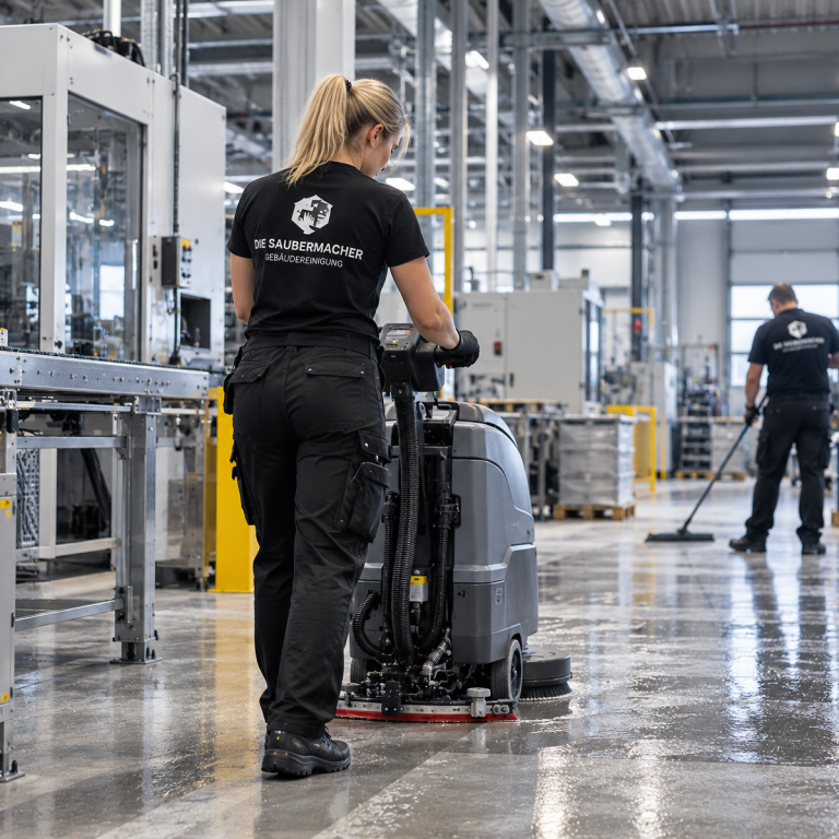 Industriereinigung in Kiel Scheuersaugmaschine reinigt den Boden einer Lagerhalle in Kiel